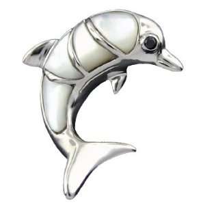 Rhodium Silver Mother of Pearl Dolphin Pendant Hawaiian 