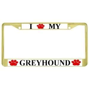   Love My Greyhound Paw Prints Dog Gold Metal License Plate Frame Holder