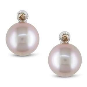   Champagne Diamond Fresh Water Pink Pearl Ear Pin Earrings (8 8.5 mm