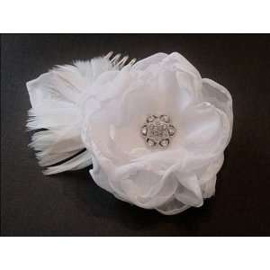  Single White Flower and Feather Bridal Hair Comb 