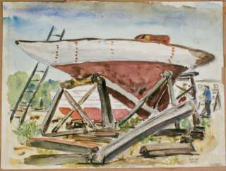 Walter Jacobs Niantic CT Boat Yard Watercolor Art 1950s  