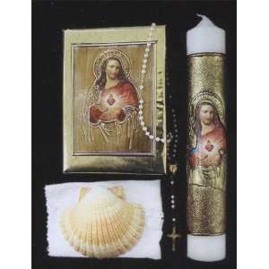 Baptism Gift Set   Gold Tone   Sacred Heart of Jesus   Rosary   Candle 