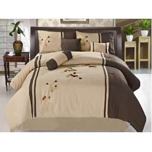   Moca and Tan Floral Embroidered Comforter Bedding Set
