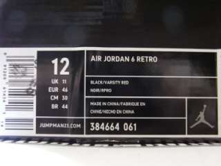 DS 09 Nike Air Jordan 6 VI Retro Black Varsity Red Sz. 12 Infrared IV 