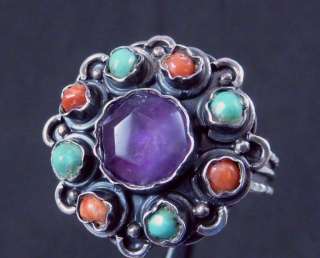   MEXICAN SILVER ALVARADO MATL STYLE AMETHYST TURQUOISE CORAL RING 15459