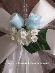 BABY BLUE ROSES WHITE satin rib.pew bows for Weddings  