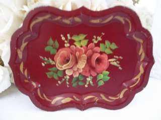 RARE~ Vintage Hand Painted Pink Roses Dark Red Toleware Tole Tray 