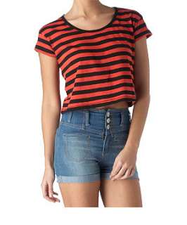 Red (Red) Button Stripe Crop Top  212340860  New Look