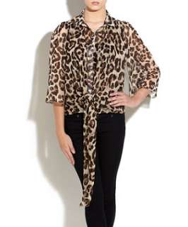 Brown Pattern (Brown) Te Amo Leopard Tie Front Chiffon Blouse 