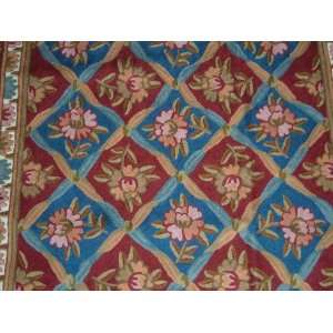  Crewel Rug Rouheen Red and Blue Chain Stitched Wool Rug 
