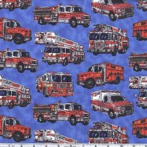  45 Wide Americas Heroes Fire Trucks Blue Fabric By The 