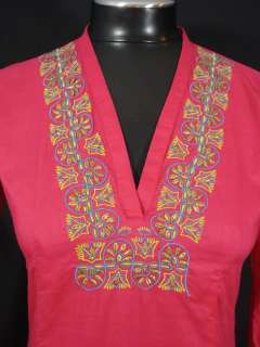 Size S Pink Leaf Embroidered Cotton Fitted Tunic Shirt  