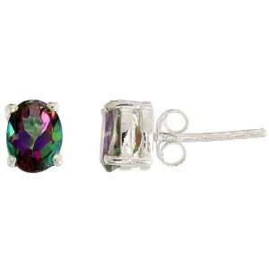   Silver 8x6mm Oval Rainbow Mystic Topaz Stone Stud Earrings Jewelry