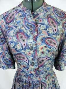 Vintage 50s 60s Blue Paisley Dress Tall/Long Button 38 Waist XXL 