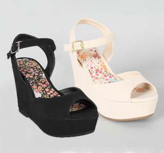 New Womens Platform Wedge Heel Strap Sandals Shoes Beige Black Pippa 