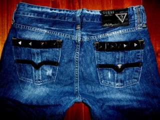 GUESS Lincoln Slim Straight Leg Distressed Studded Leather Pocket 
