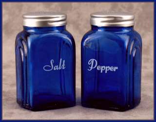 COBALT BLUE GLASS ARCH SALT & PEPPER SHAKER SET w/ METAL LIDS  
