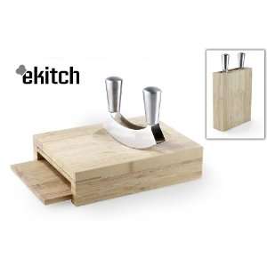 eKitch Edelstahl Wiegemesser mit Bambus Kräuterbrett Doppelklingen 