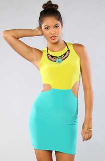 Naven The Two Tone Cutout Dress in Chartreuse and Turquoise 