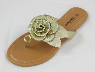   Sandal Flip Flop Flower Rhinestone Shoes Gold Size 6   10 NEW  