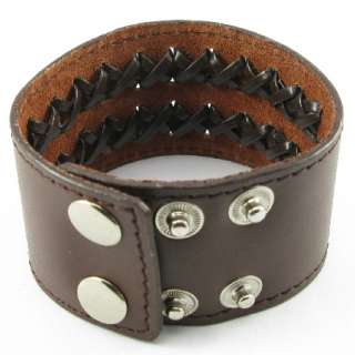 H986 Punk 2 Woven Row Brown Leather Men/Women Double Button Wristband 
