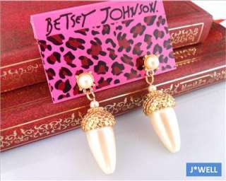 Betsey Johnson Filbert Pearl Gold Tone Stud Earrings  