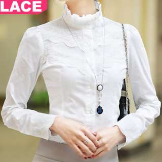 New Womens white Stand Collar Chiffon lace Trim Pleats Shirt Blouse