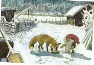 Postkarte Tomte Tummetot füttert den Fuchs  