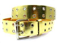Double Grommet Holes Genuine Leather Belt Glossy Gold  
