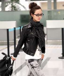 Europe Cool Womens PU Leather Short Sweater Coat Jacket M Black 036 