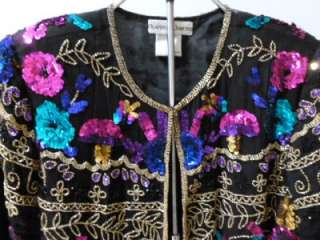 NEW Black Silk Jewel Tone Sequin Beaded Glam Holiday Trophy Jacket Med 
