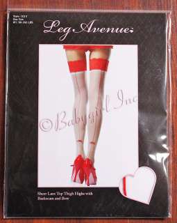 LEG AVENUE 1013 WHITE & RED THIGH HIGH STOCKINGS WITH SEXY BACKSEAM 