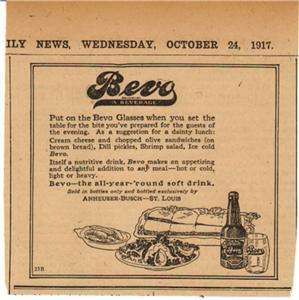 1917 Busch Bevo Original Dated Newspaper Ad.  