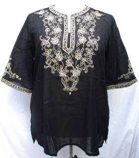   Embroidered Flower 3/4 Sleeve TOP Shirt 2XL 1X Indian Boho  