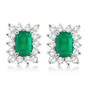  Emerald Cut Emerald and Diamond Stud Earrings 14k White 