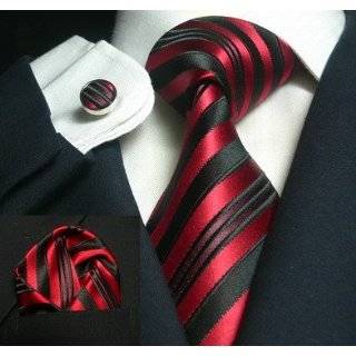 Landisun 74K Silver Red Black Floral Mens Silk Tie Set Tie+Hanky 