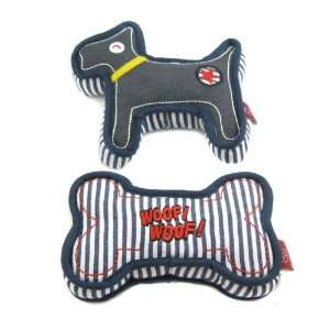  Happy Puppy Plush Dog Toy   Striped Denim Dog and Bone 