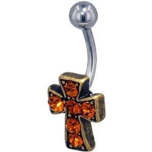   Gold Orange Crystal Celtic Cross Fashion October Belly Navel Ring Body