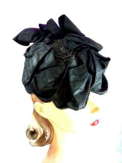   Black Hat Military Style Straw /Moire Ribbon Fascinator 1940s  
