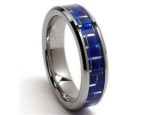   Flat Top Tungsten Carbide Ring Wedding Band W/ Blue Carbon Fiber Inlay