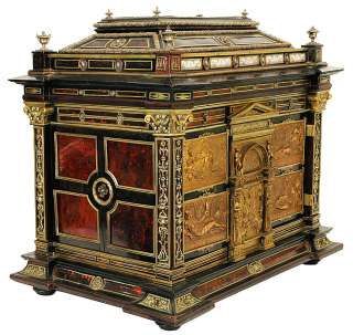 Antique Enamel Mounted Ebonized Jewelry Chest Table Cabinet  