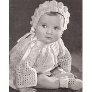 Vintage Knitting PATTERN to make   Baby Bonnet Sweater Booties Set 