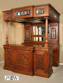 SOLID MAHOGANY Canopy HOME PUB BAR w/ Lighted Stained Glass & Mirror 