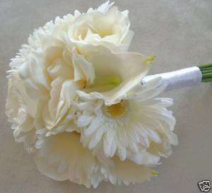 Calla Lily, Gerbera Daisy & Ivory Roses Silk Wedding Bridal Bouquet