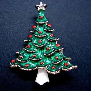   Enamel Christmas Tree Pin Brooch Rhinestone Star White Trunk  