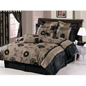   Queen Floral Black and Tan Bed in a Bag Bedding Set