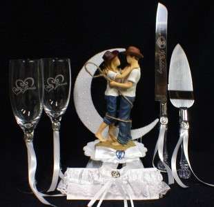 Country Western Wedding Cake topper LOT Glasses knife  