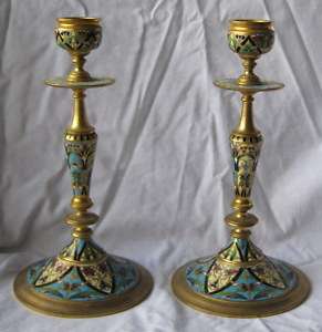 Pair 19th Century French Enamel on Bronze Candlesticks  