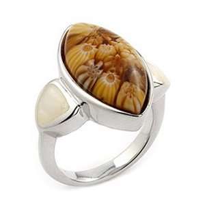  Brown Murano Glass Millefiori Marquise Sterling Silver Ring 