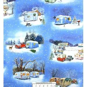  Vintage Camping Trailers in Snow Fabric Arts, Crafts 